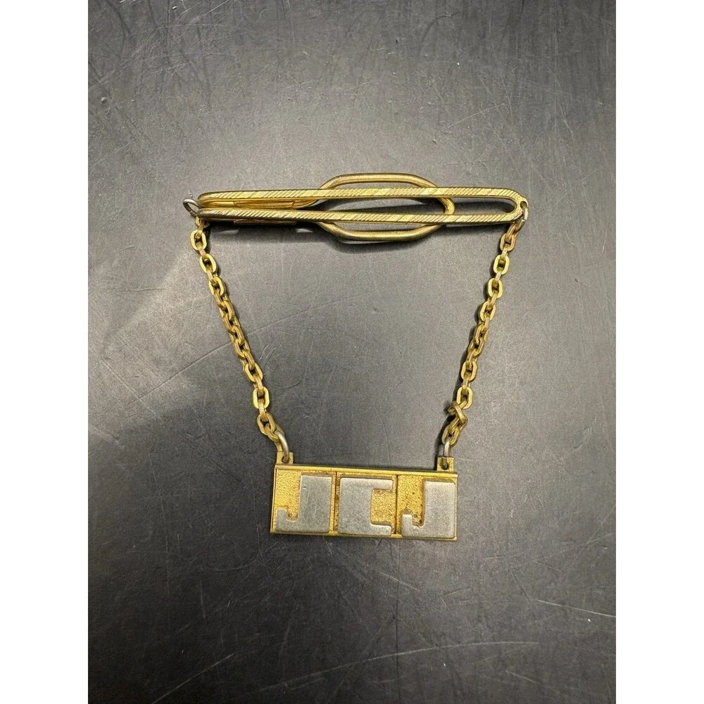 Vintage Hickok SWANK Tie Bar Clip with Chain “JCJ” Initials GOLD TONE